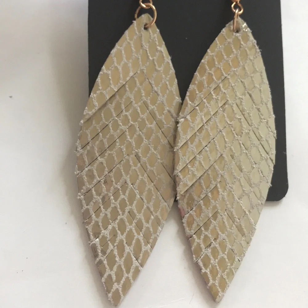 Gold Fringed Faux Leather Dangle Earrings - Picture 2 of 5